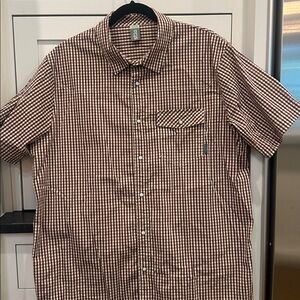 Stio Mens XL brown/cream Plaid Short Sleeve Button Up, snap button down
